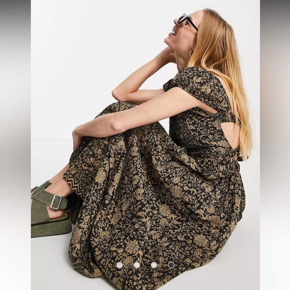Free People Ultraviolet Ruched Detail Open Back Boho Maxi Dress Black Tan Large - Picture 12 of 15